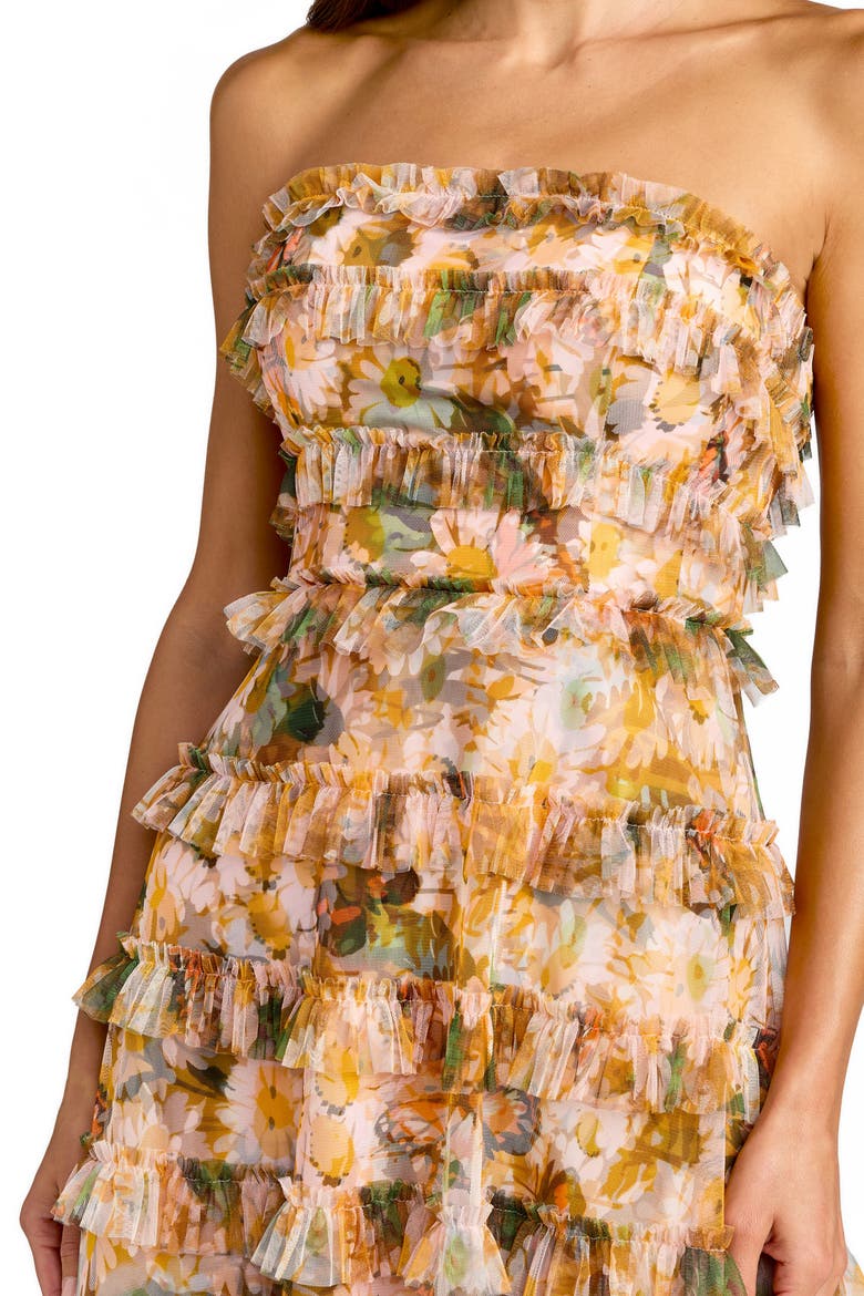 Strapless Floral Micro Ruffle Dress, Alternate, color, Gold Multi