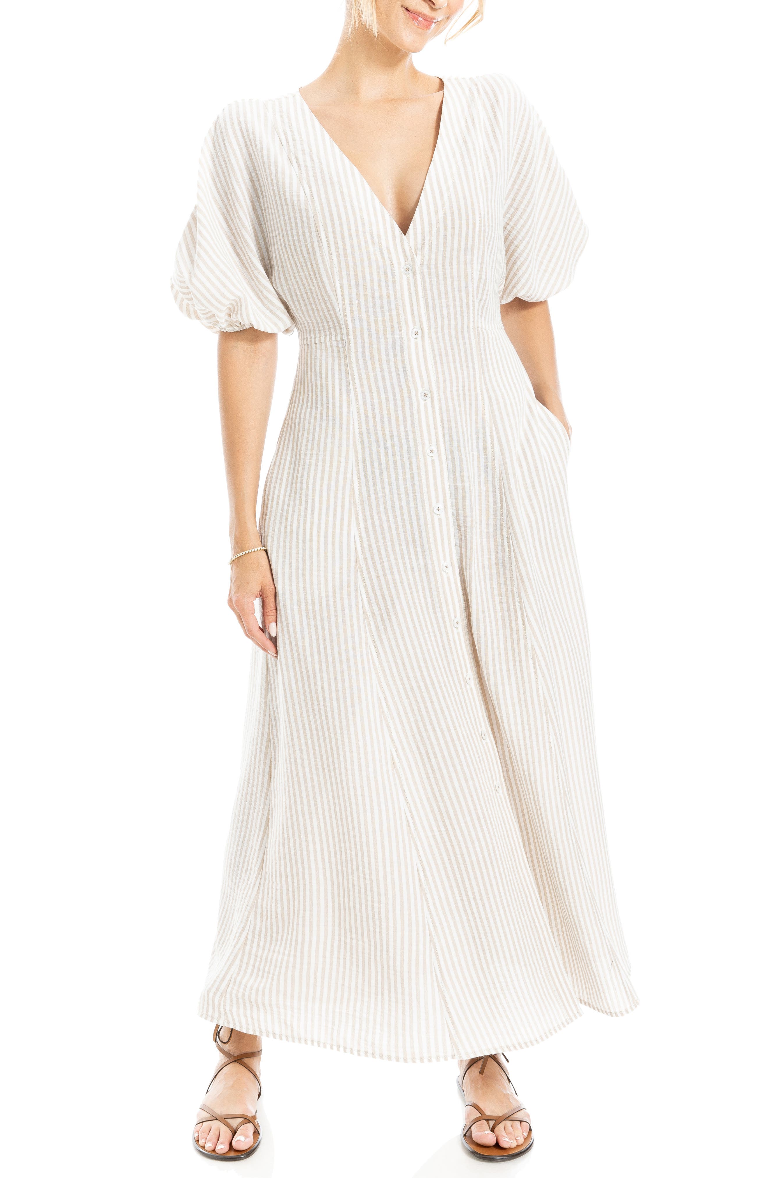 MAX STUDIO Puff Short Sleeve Button Front Maxi Dress (Women ...