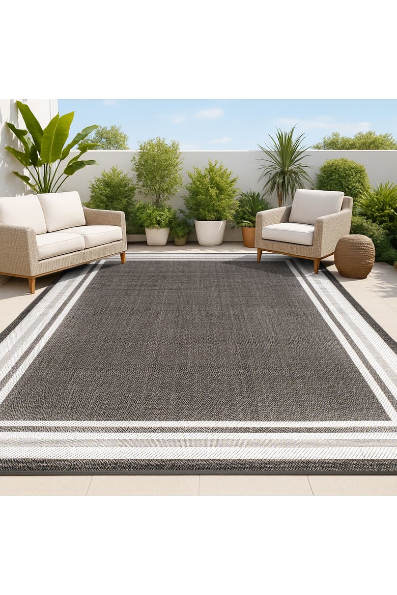 James Modern Border Stripe Indoor/Outdoor Area Rug, Alternate, color, Black/Cream