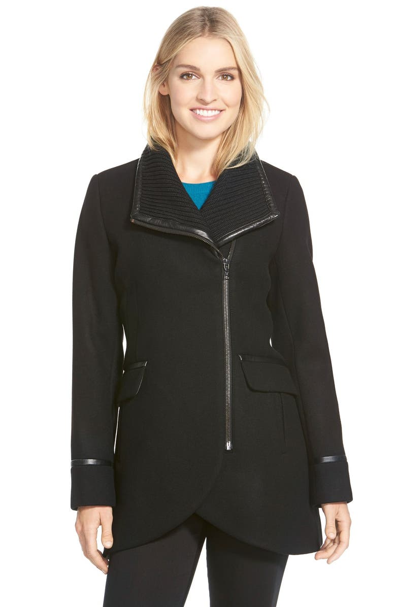 Trina Turk 'Mackenzie' Asymmetric Zip Leather Trim Coat, Main, color, 