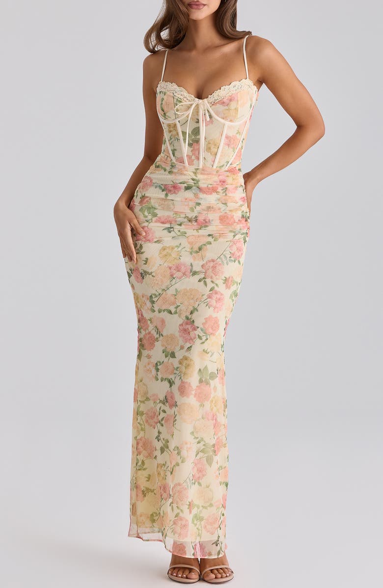 HOUSE OF CB Calista Floral Print Corset Sleeveless Gown, Alternate, color, Peach Floral