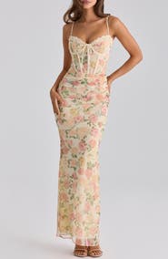 HOUSE OF CB Calista Floral Print Corset Sleeveless Gown