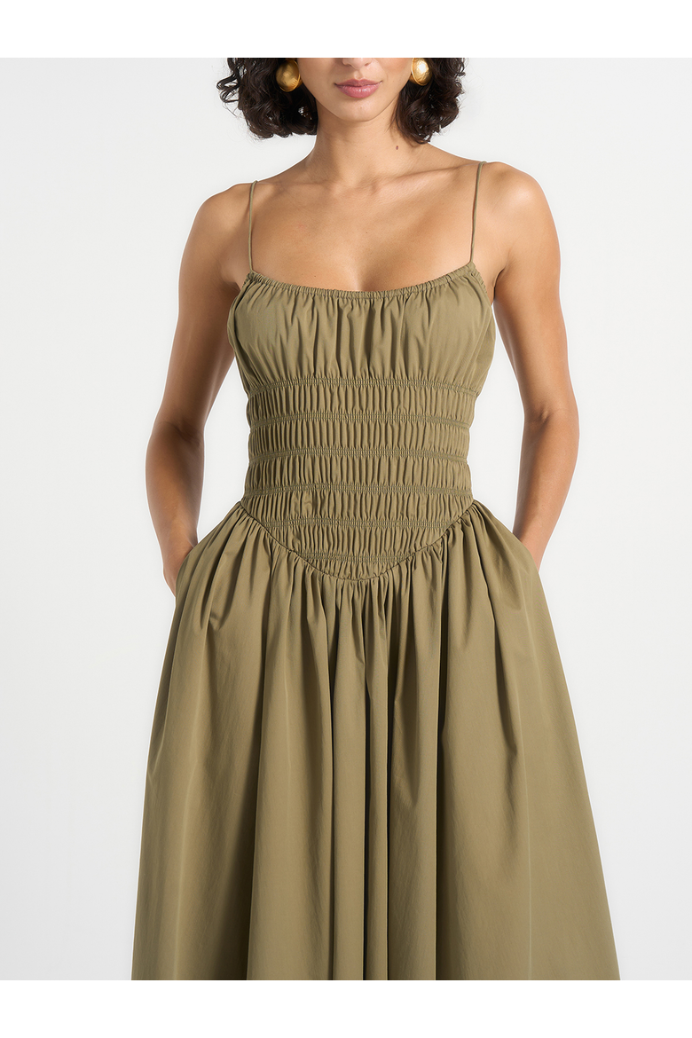 Elva Smocked Waist Cotton Maxi Dress, Alternate, color, Khaki