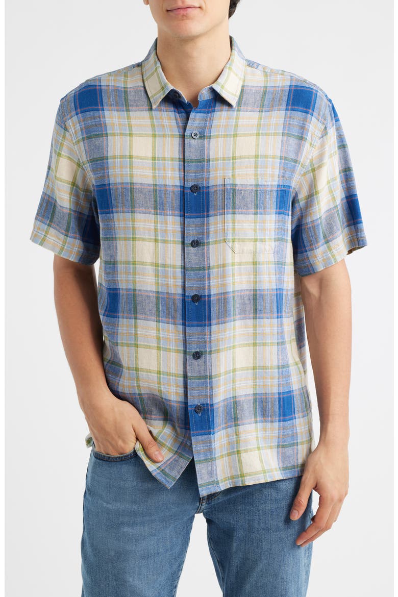 Dawson Plaid Short Sleeve Linen Blend Button-Up Shirt, Main, color, BLUE MULTI PLAID