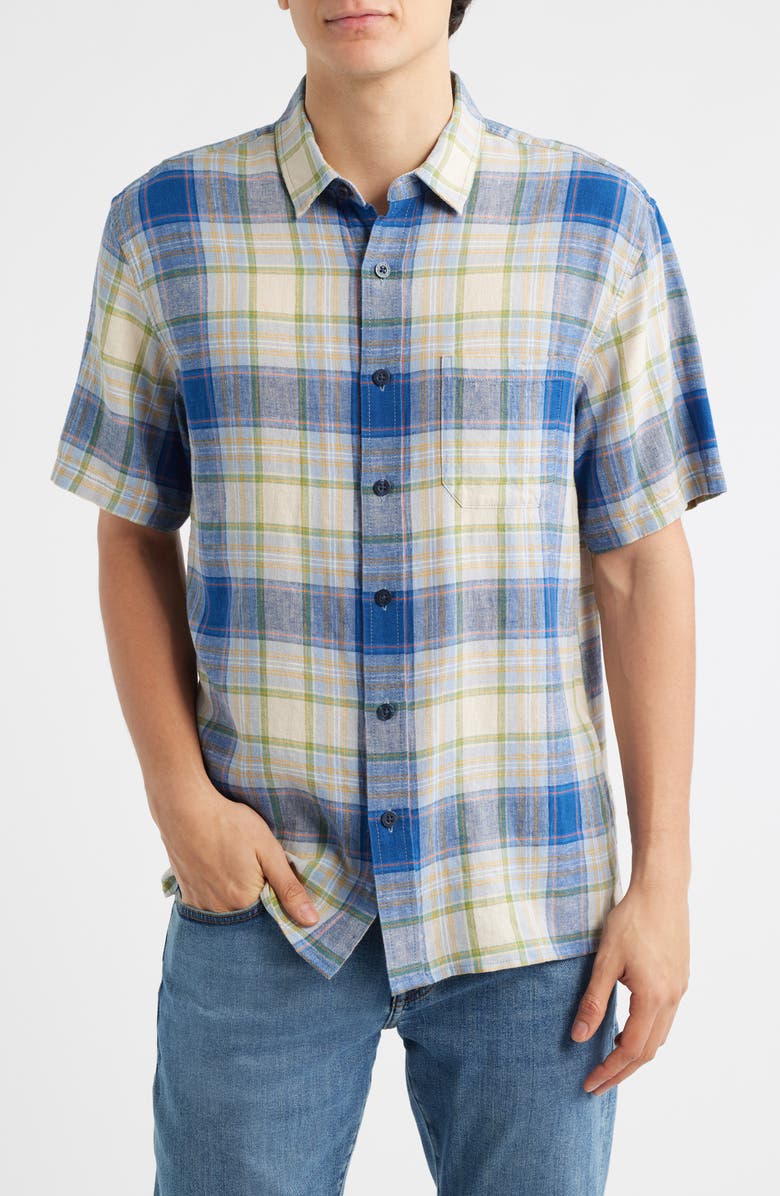Pendleton Dawson Plaid Short Sleeve Linen Blend Button-Up Shirt, Main, color, Blue Multi Plaid