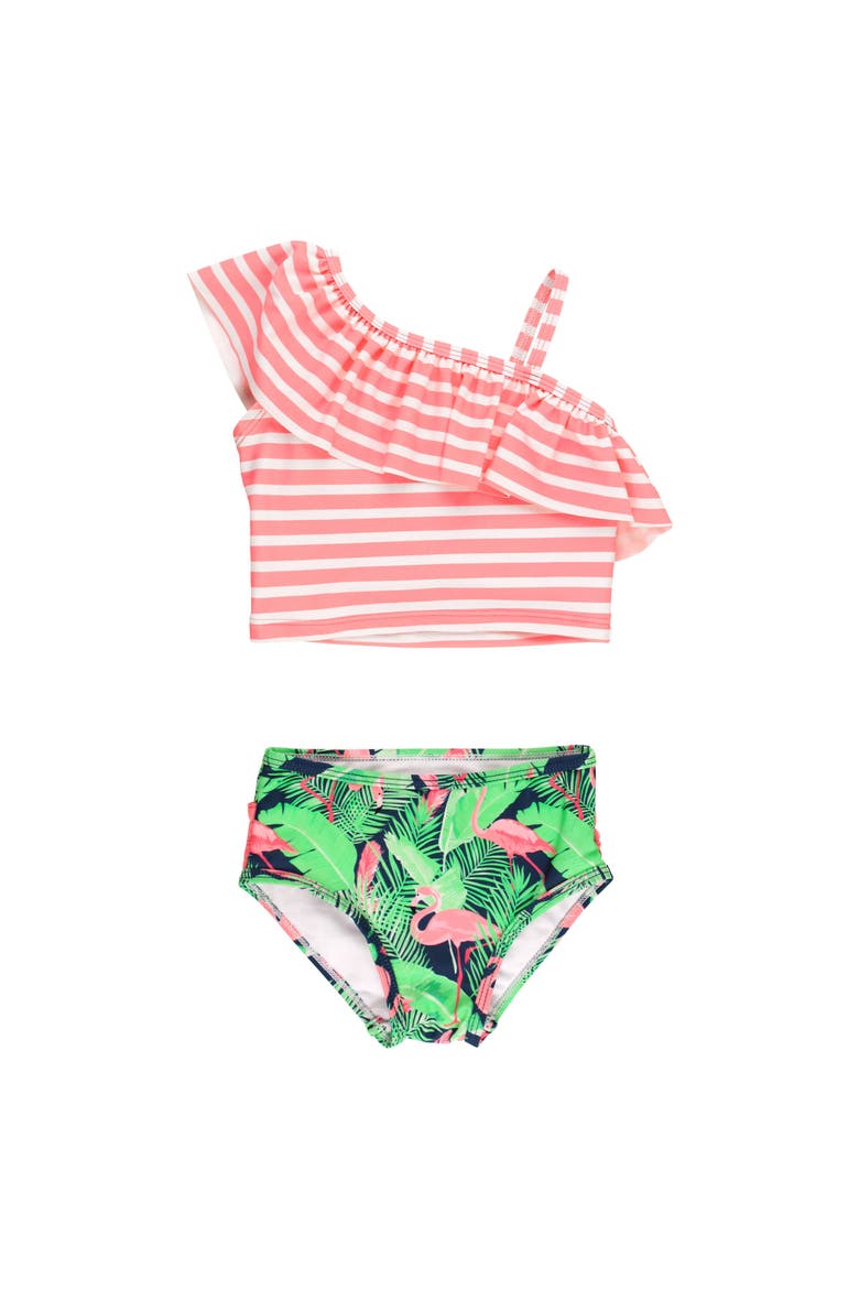 Baby Girls One Shoulder Ruffle Tankini, Main, color, Flamingo Frenzy