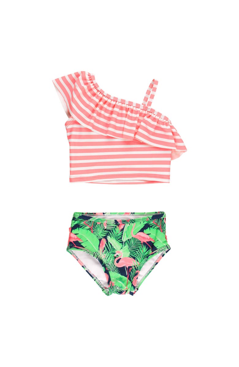 RuffleButts Toddler Girls One Shoulder Ruffle Tankini, Main, color, Flamingo Frenzy