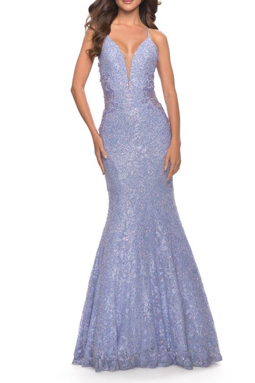 La Femme Mermaid Beaded Lace Prom Dress With Illusion Sides In Light Periwinkle