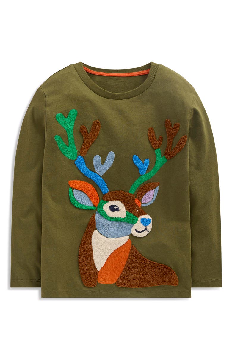Mini Boden Kids' 3D Novelty Long Sleeve Cotton T-Shirt, Main, color, Winter Moss Deer