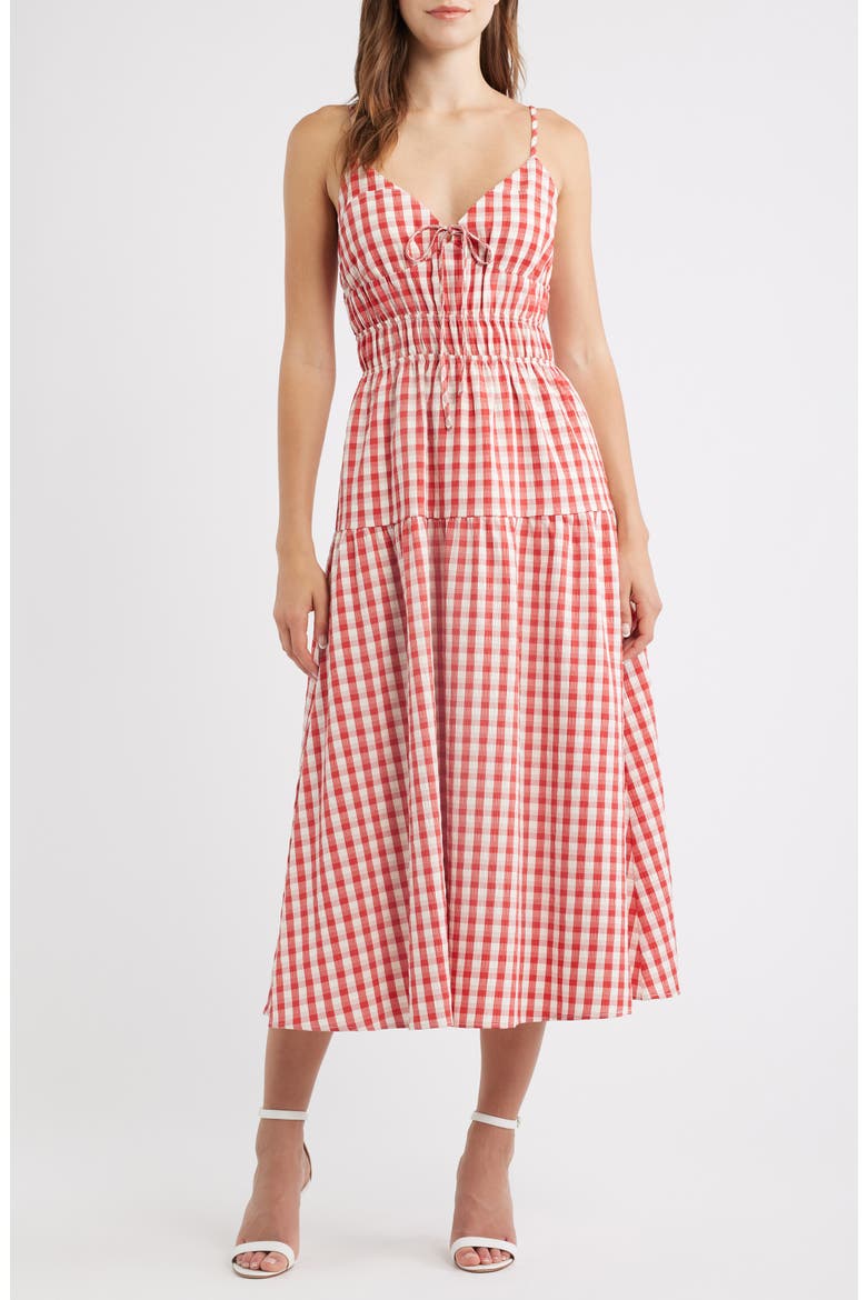 Spencer Smock Gingham Midi Dress, Main, color, RED/ WHITE