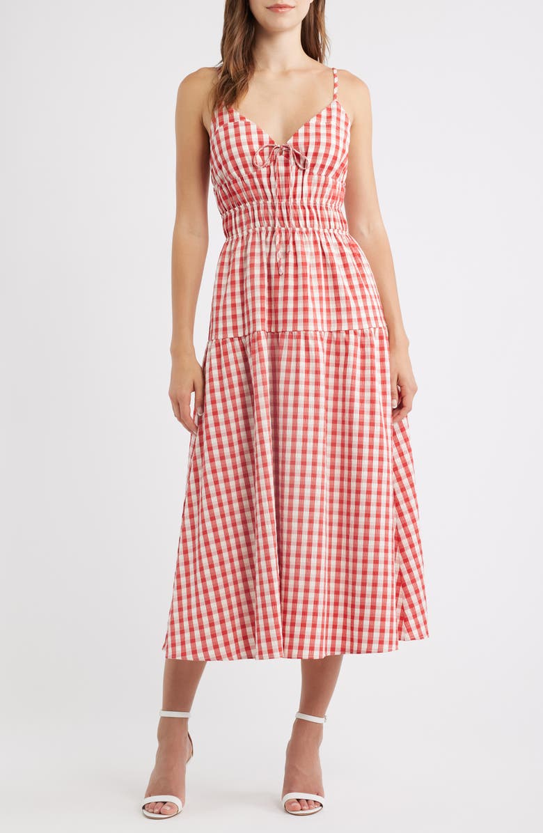 Lulus Spencer Smock Gingham Midi Dress, Main, color, Red/ White