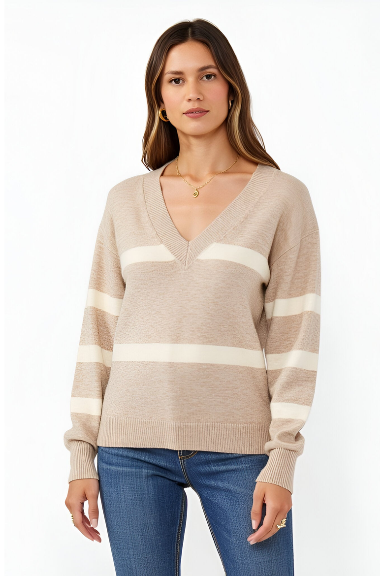 Striped V-Neck Drop-Shoulder Ribbed-Trim Sweater, Main, color, Beige / Cream
