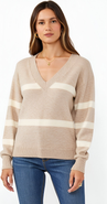 Modenaire Striped V-Neck Drop-Shoulder Ribbed-Trim Sweater