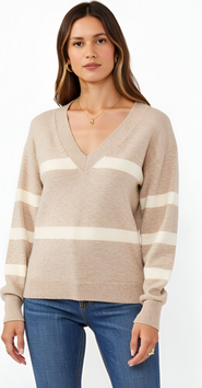 Modenaire Striped V-Neck Drop-Shoulder Ribbed-Trim Sweater