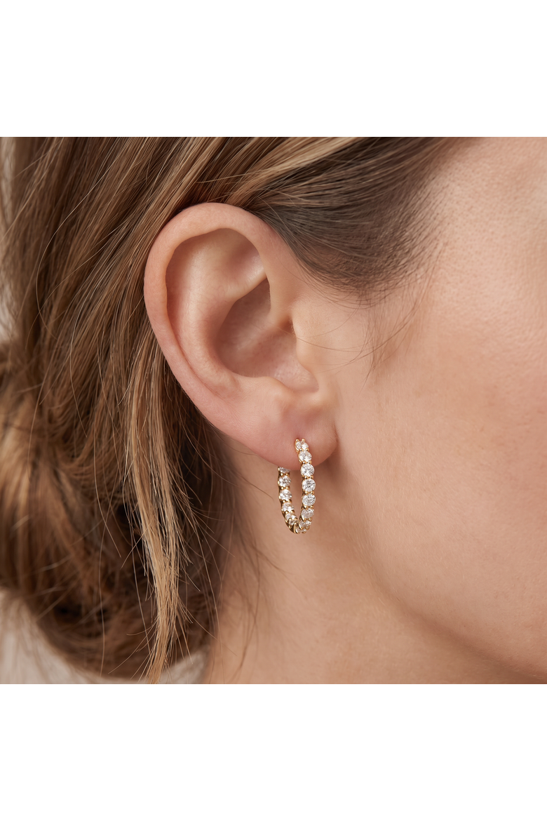 3Ct Round Diamond Hoops 14k Gold 1" Tall Lab Grown, Alternate, color, 14k Yellow Gold