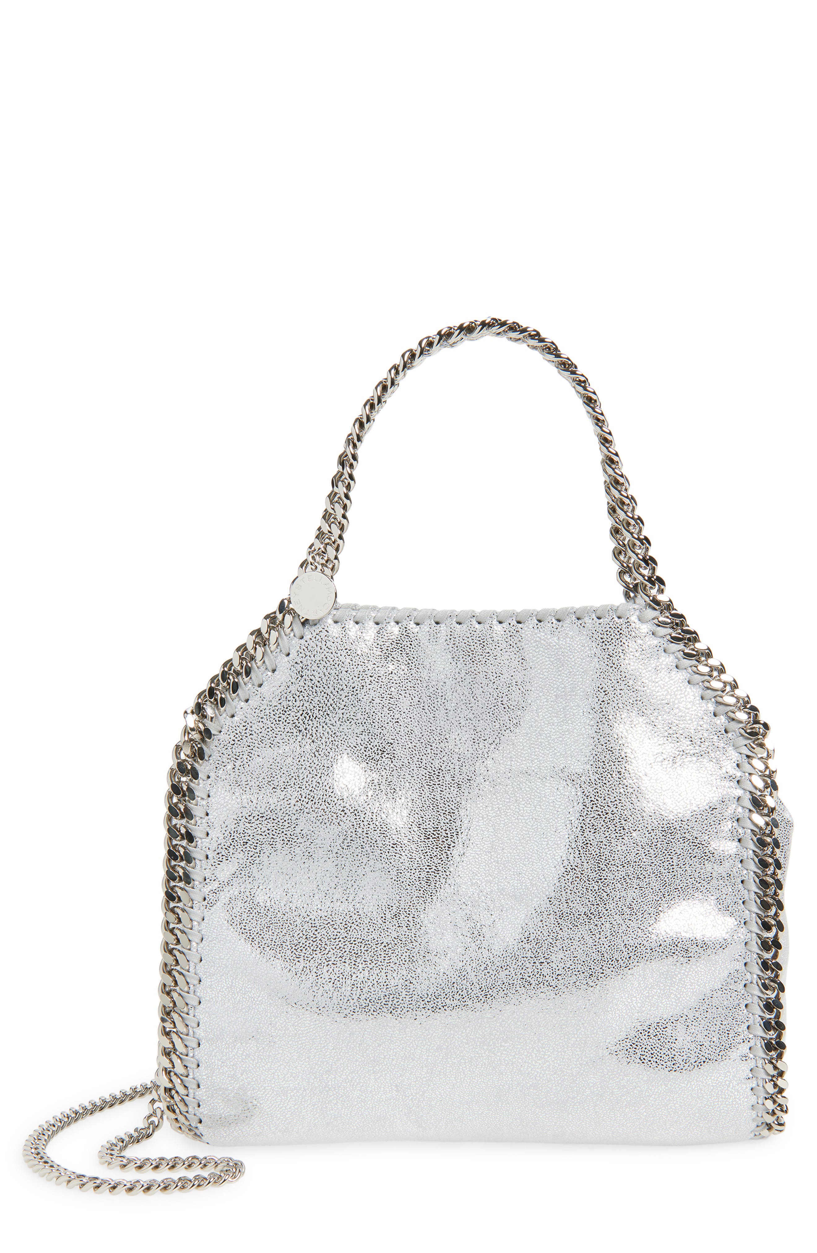 Stella McCartney Mini Falabella Metallic Faux Leather Tote, Main, color, Silver