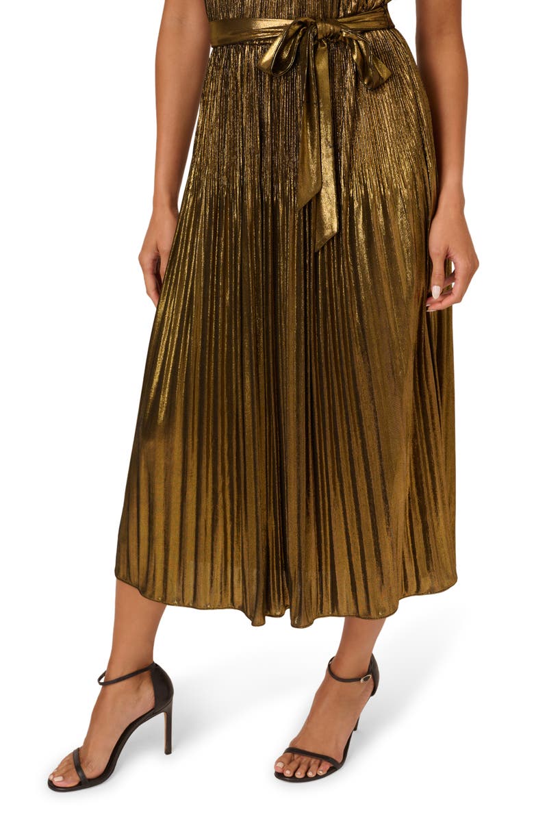 Adrianna Papell Metallic Pleated Tie Belt Midi Dress, Alternate, color, 