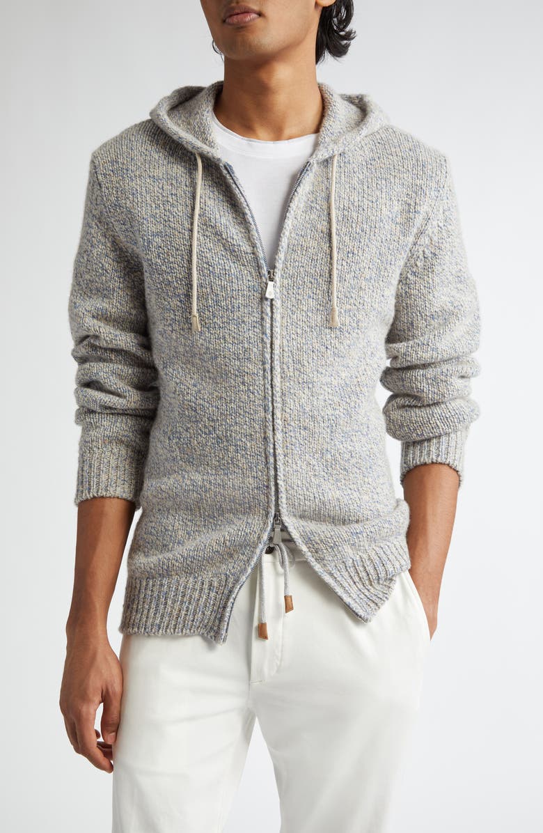 Eleventy Donegal Tweed Full Zip Hooded Sweater, Main, color, Sky Blue