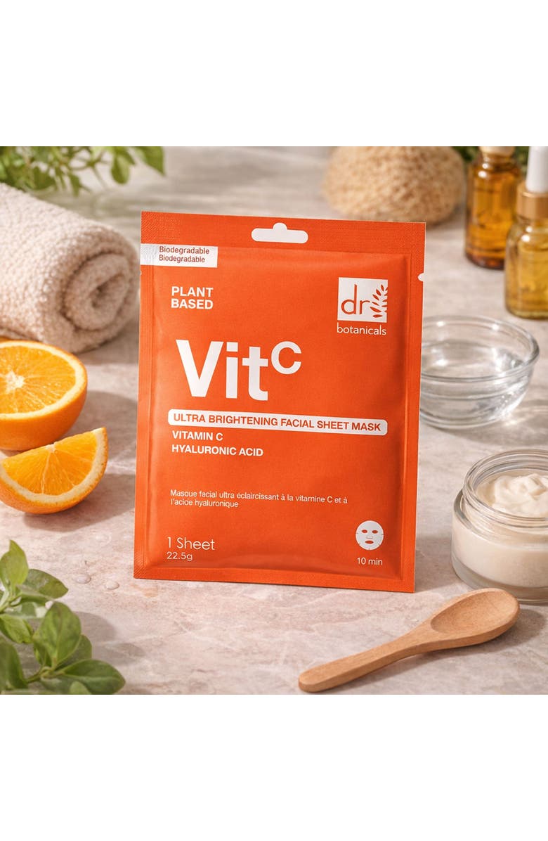 Dr. Botanicals Dr Botanicals Ultra Brightening Facial Mask with Vitamin C and Hyaluronic Acid Pack of 10 for Dryness, Fine Lines & Wrinkles, Alternate, color, White