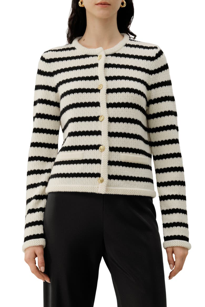 Women's Stripped Crochet Washable-Wool Cardigan, Main, color, Black&White Stripes