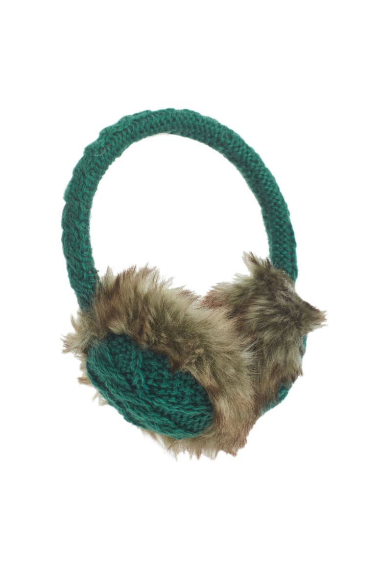 Cable Knit Adjustable Earmuffs With Faux Fur, Main, color, Emerald