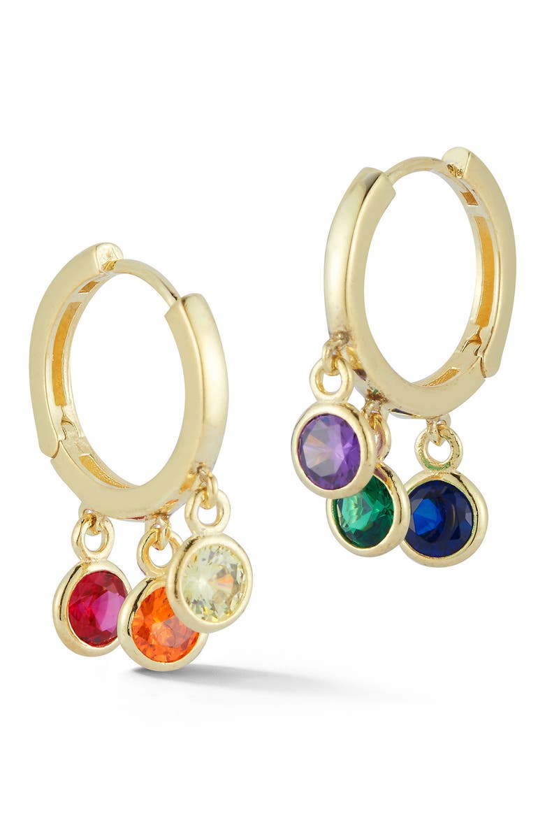 14K Gold Vermeil Rainbow CZ Charm Huggie Earrings, Main, color, YELLOW GOLD