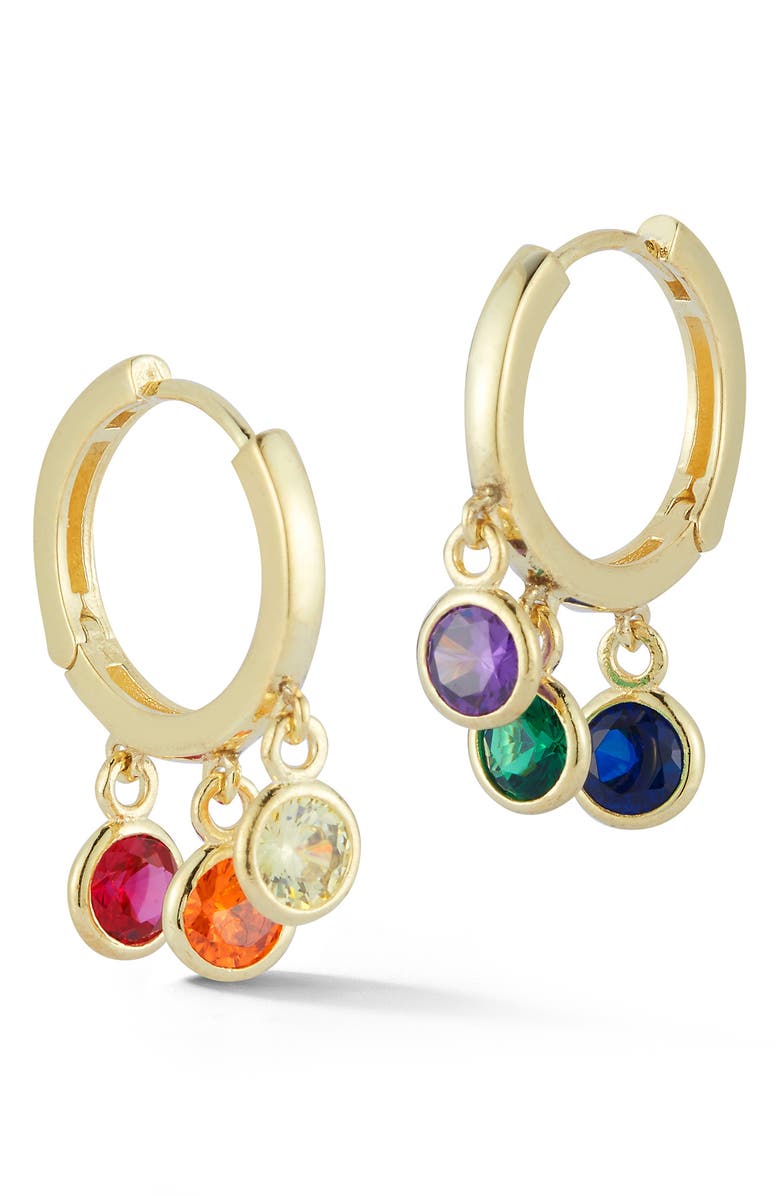 SPHERA MILANO 14K Gold Vermeil Rainbow CZ Charm Huggie Earrings, Main, color, Yellow Gold
