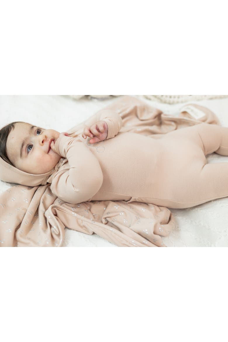 Cherry Print Romper and Bonnet Set, Alternate, color, Light Maple