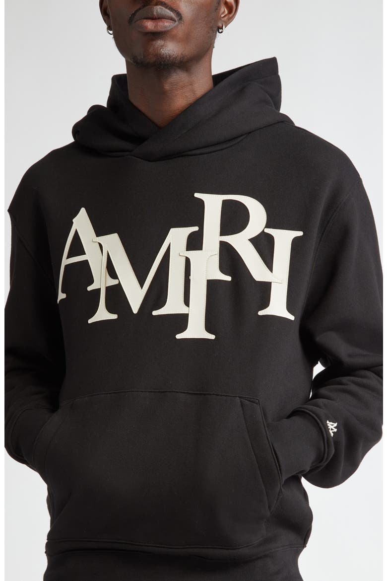 Oversize Staggered Logo Pullover Hoodie, Alternate, color, BLACK