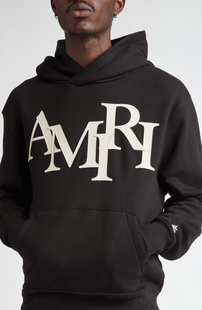 AMIRI Oversize Staggered Logo Pullover Hoodie, Alternate, color, Black