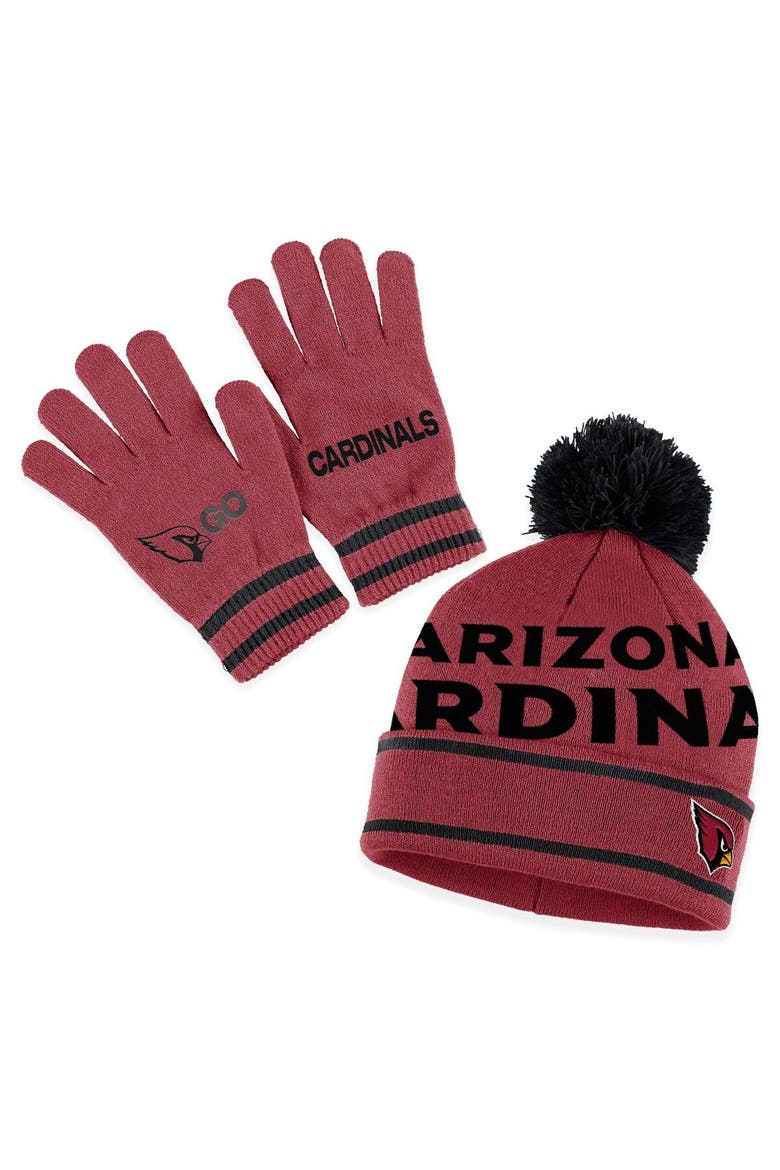 Women's WEAR by Erin Andrews  Cardinal Arizona Cardinals Double Jacquard Cuffed Knit Hat with Pom and Gloves Set, Main, color, Cardinal
