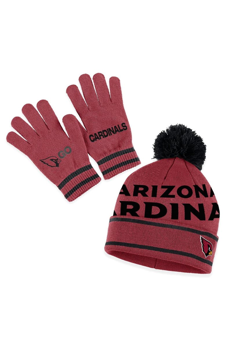 WEAR by Erin Andrews Women's WEAR by Erin Andrews Cardinal Arizona Cardinals Double Jacquard Cuffed Knit Hat with Pom and Gloves Set, Main, color, Cardinal