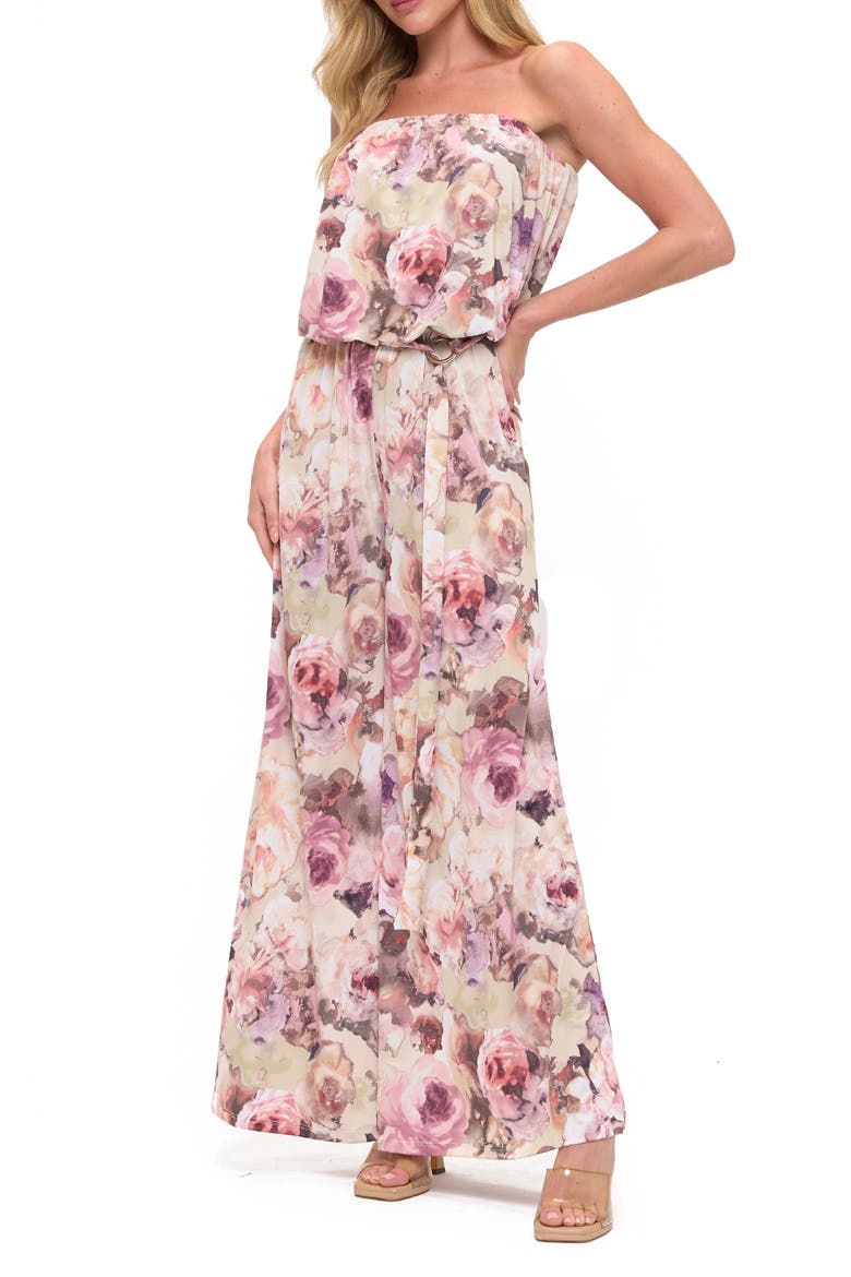 Floral Print Wide Leg Strapless Jumpsuit, Alternate, color, PINK FLORAL