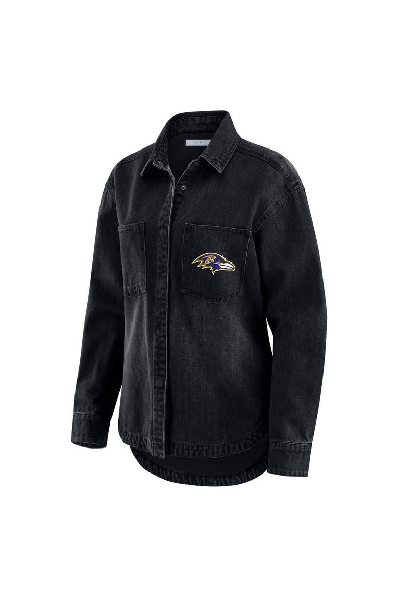 Women's WEAR by Erin Andrews Black Baltimore Ravens Washed Oversized Denim Full-Snap Shacket, Alternate, color, Black