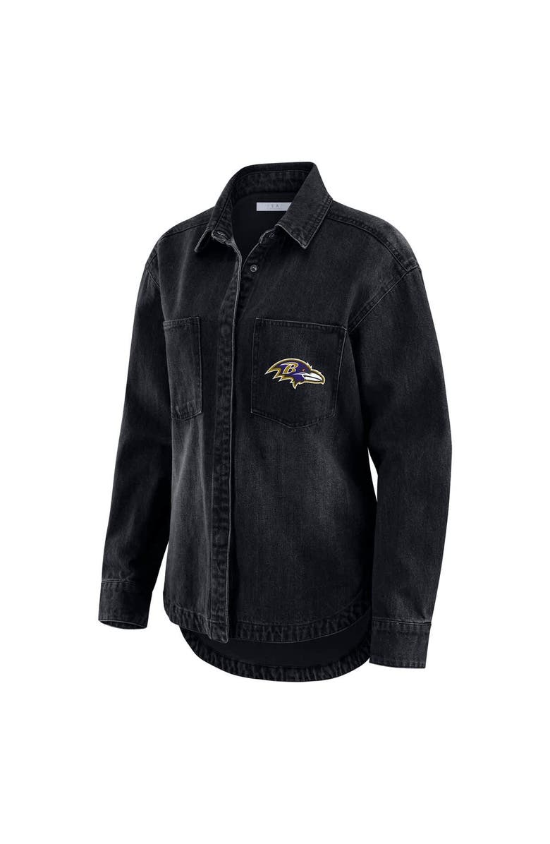 WEAR by Erin Andrews Women's WEAR by Erin Andrews Black Baltimore Ravens Washed Oversized Denim Full-Snap Shacket, Alternate, color, Black