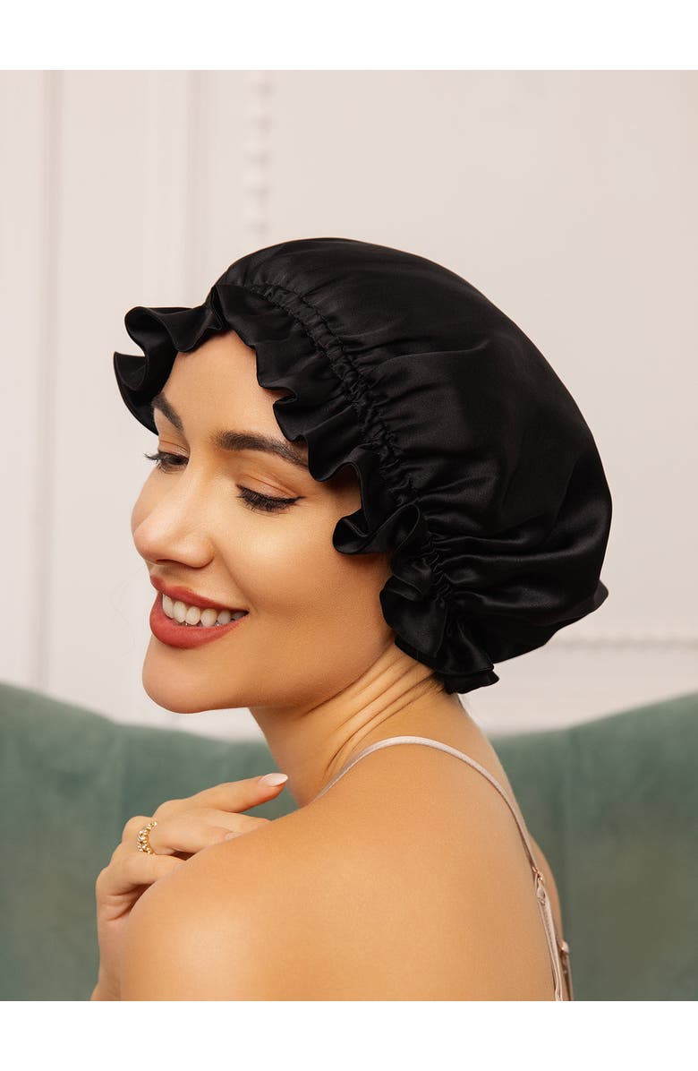 SILKSILKY Pure Silk Double Layer Bonnet with Ribbon, Alternate, color, Black