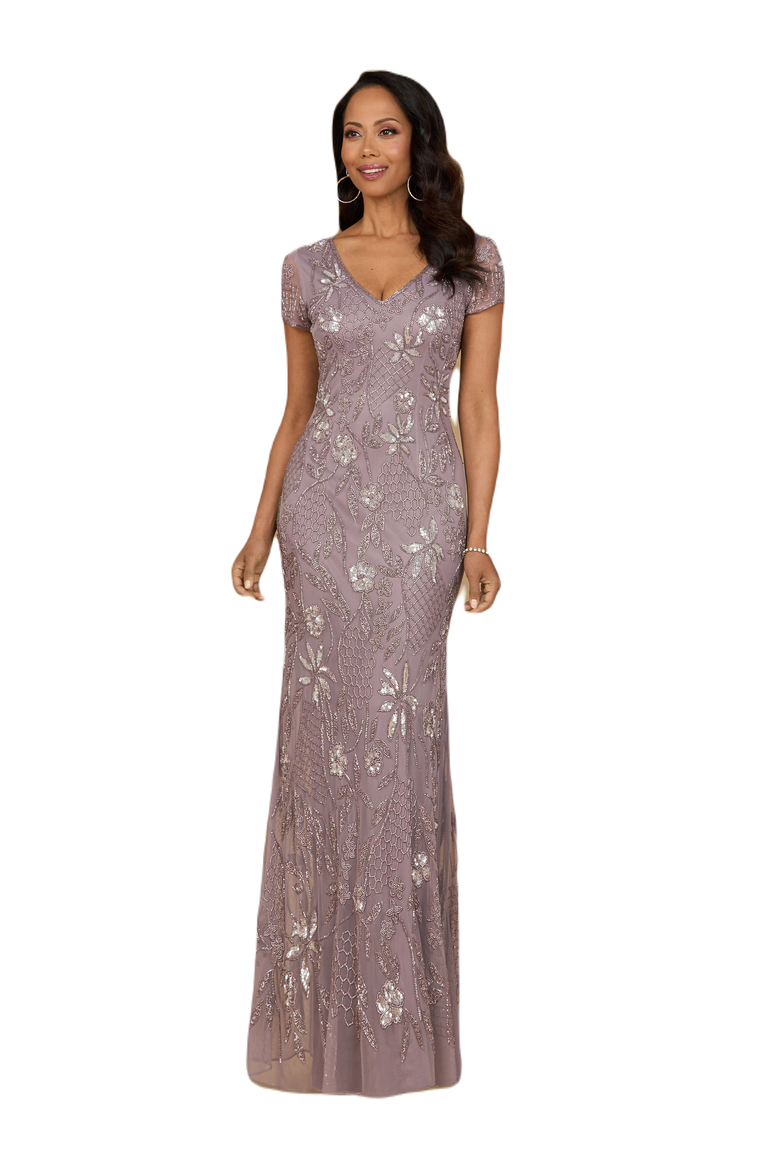 V-Neck, Short Sleeve Beaded Gown, Main, color, Amethyst