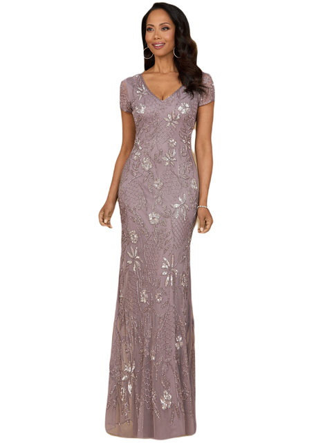 V-Neck, Short Sleeve Beaded Gown