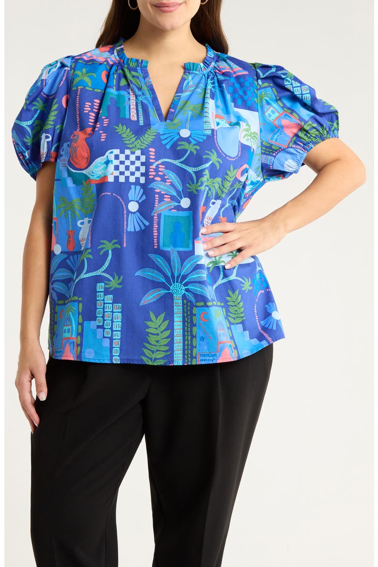 Punta Alta Puff Sleeve Cotton Top, Main, color, COBALT-COMBO