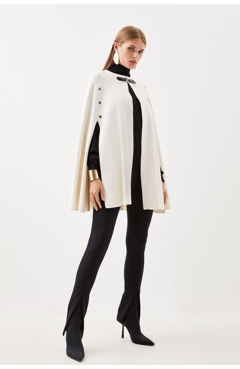 Karen Millen Popper Detail Knit Cape Coat, Main, color, Cream