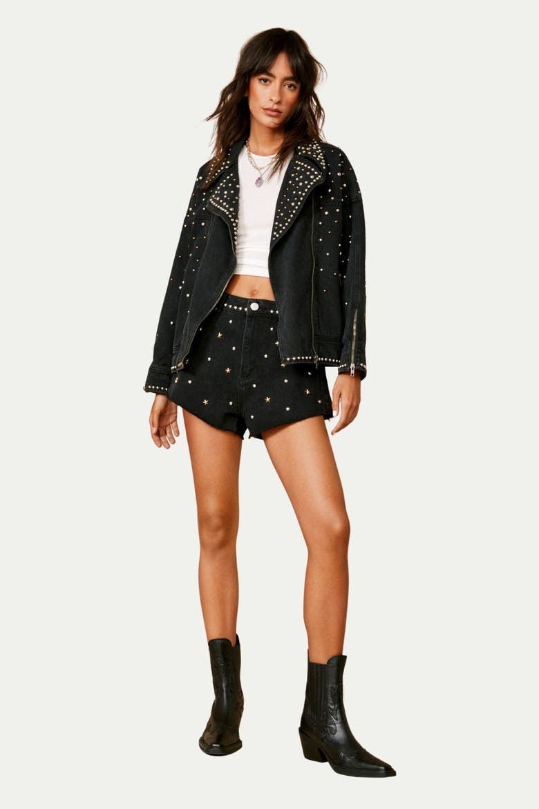 Studded Denim Biker Jacket, Alternate, color, Black