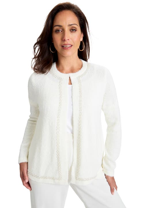 Jessica London Boucle Pearl Cardigan In White
