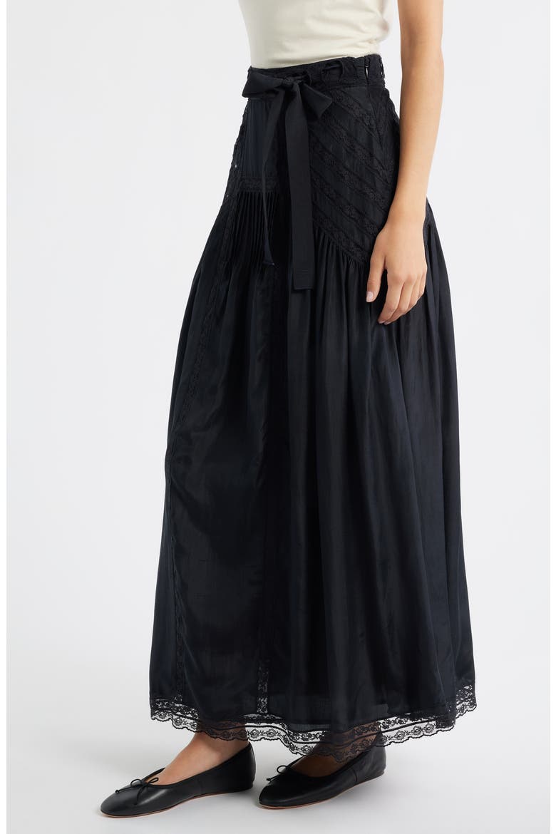 Beloria Lace Trim Silk Maxi Skirt, Alternate, color, BLACK