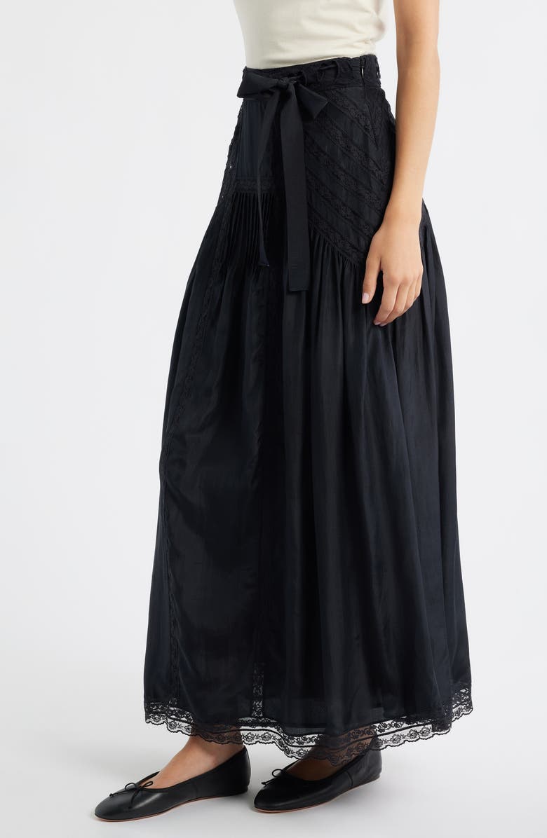 LoveShackFancy Beloria Lace Trim Silk Maxi Skirt, Alternate, color, Black