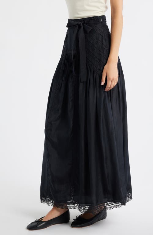Loveshackfancy Beloria Lace Trim Silk Maxi Skirt In Black