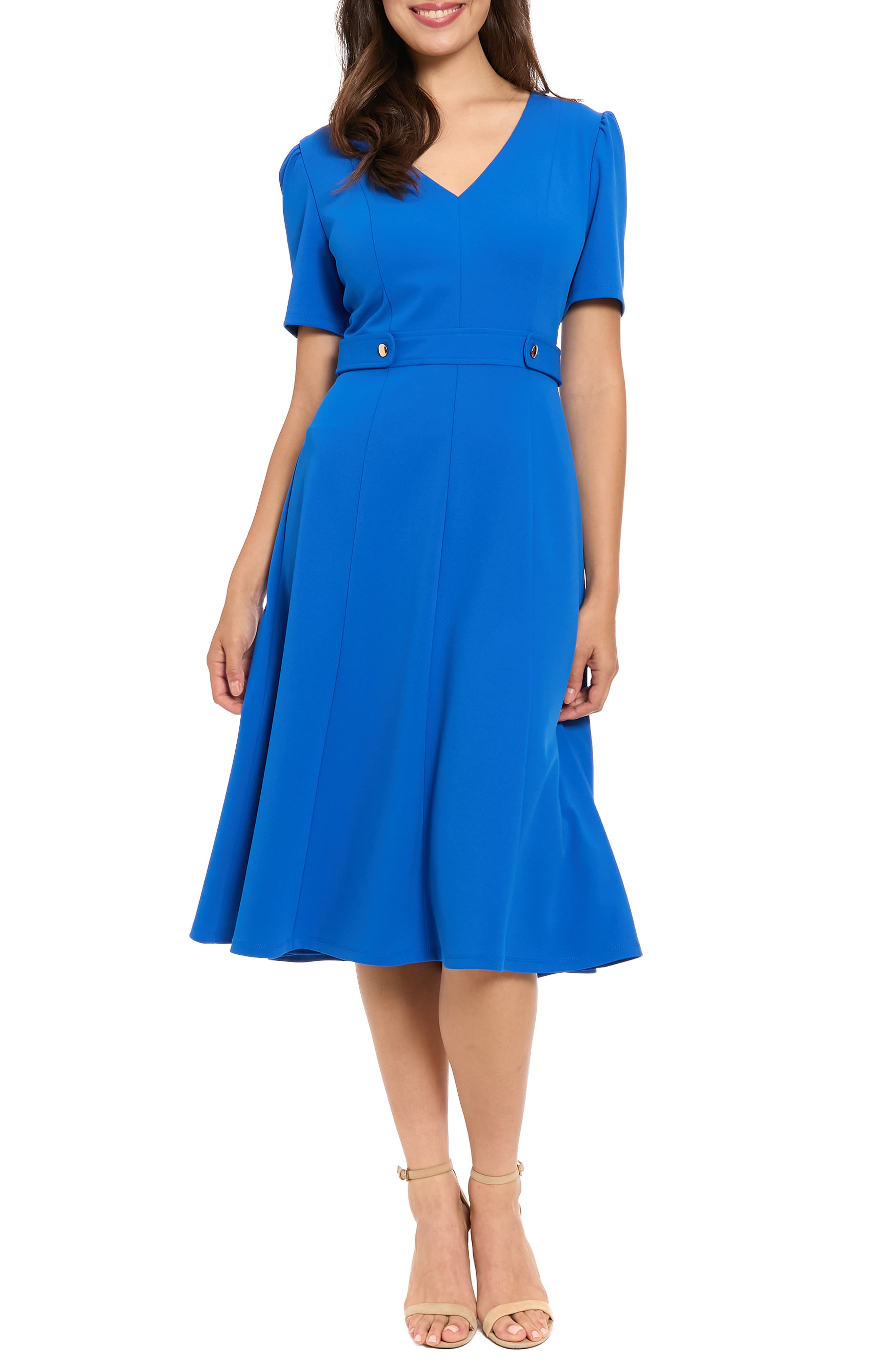 London Times V-Neck Side Tab Fit & Flare Midi Dress