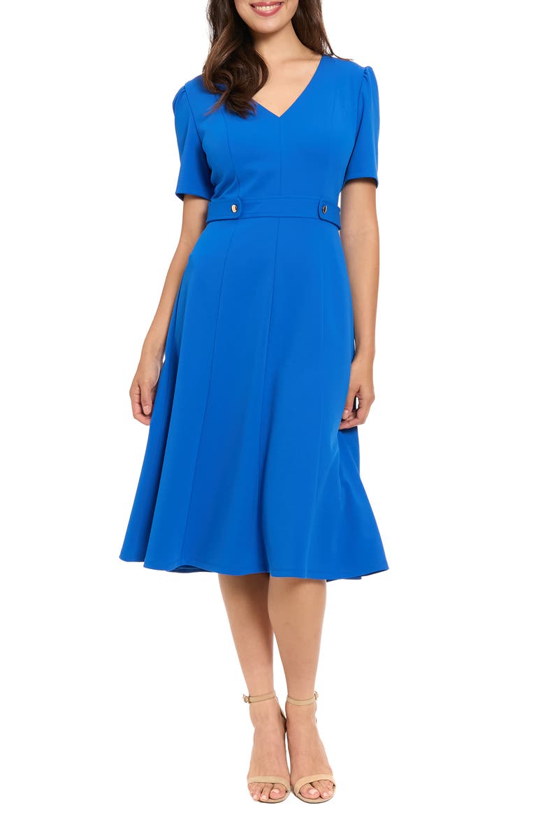 V-Neck Side Tab Fit & Flare Midi Dress, Main, color, TURK SEA