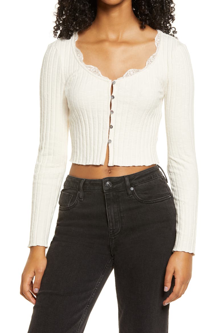 Ribbed Crop Cardigan, Main, color, BEIGE OATMEAL LIGHT HEATHER