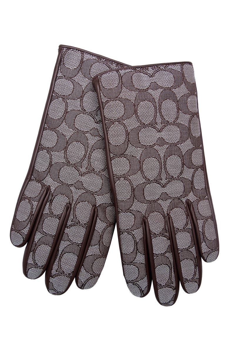 COACH Signature Jacquard Wool Lined Leather Tech Gloves, Alternate, color, Oak