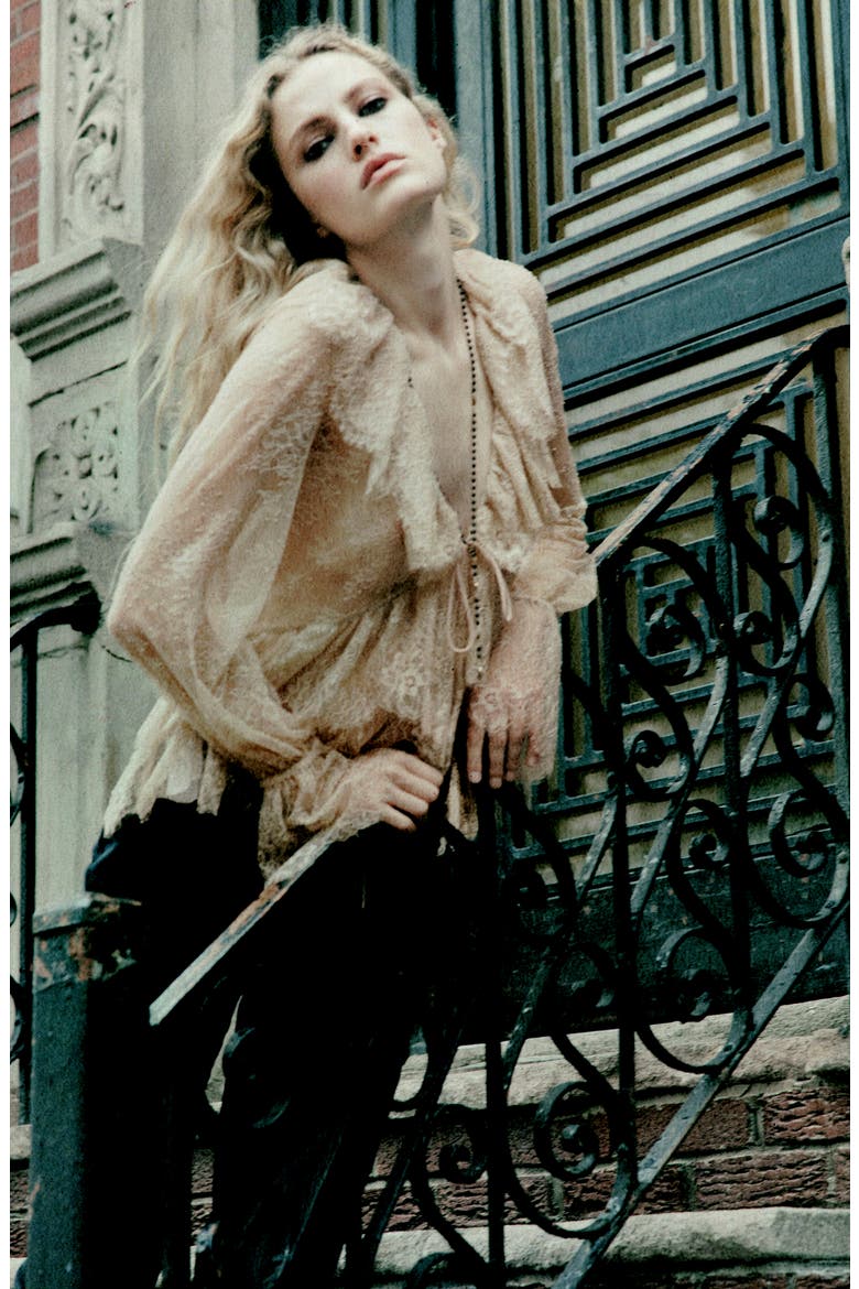 Lace Ruffle Long Sleeve Shirt, Alternate, color, SAND